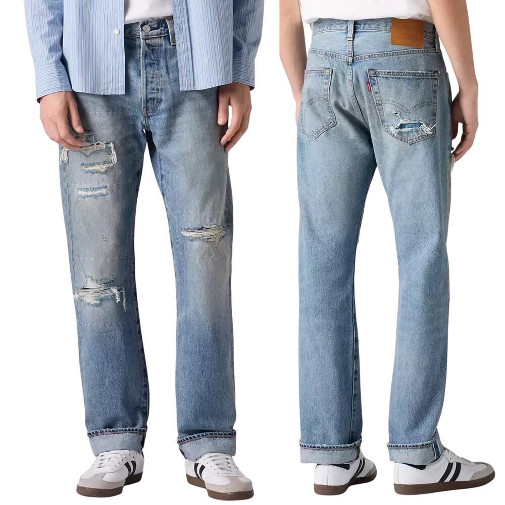 Levi's Selvedge 501 Blue Jean Turquoise Rivet Distressed Mens 40 x 32 Straight